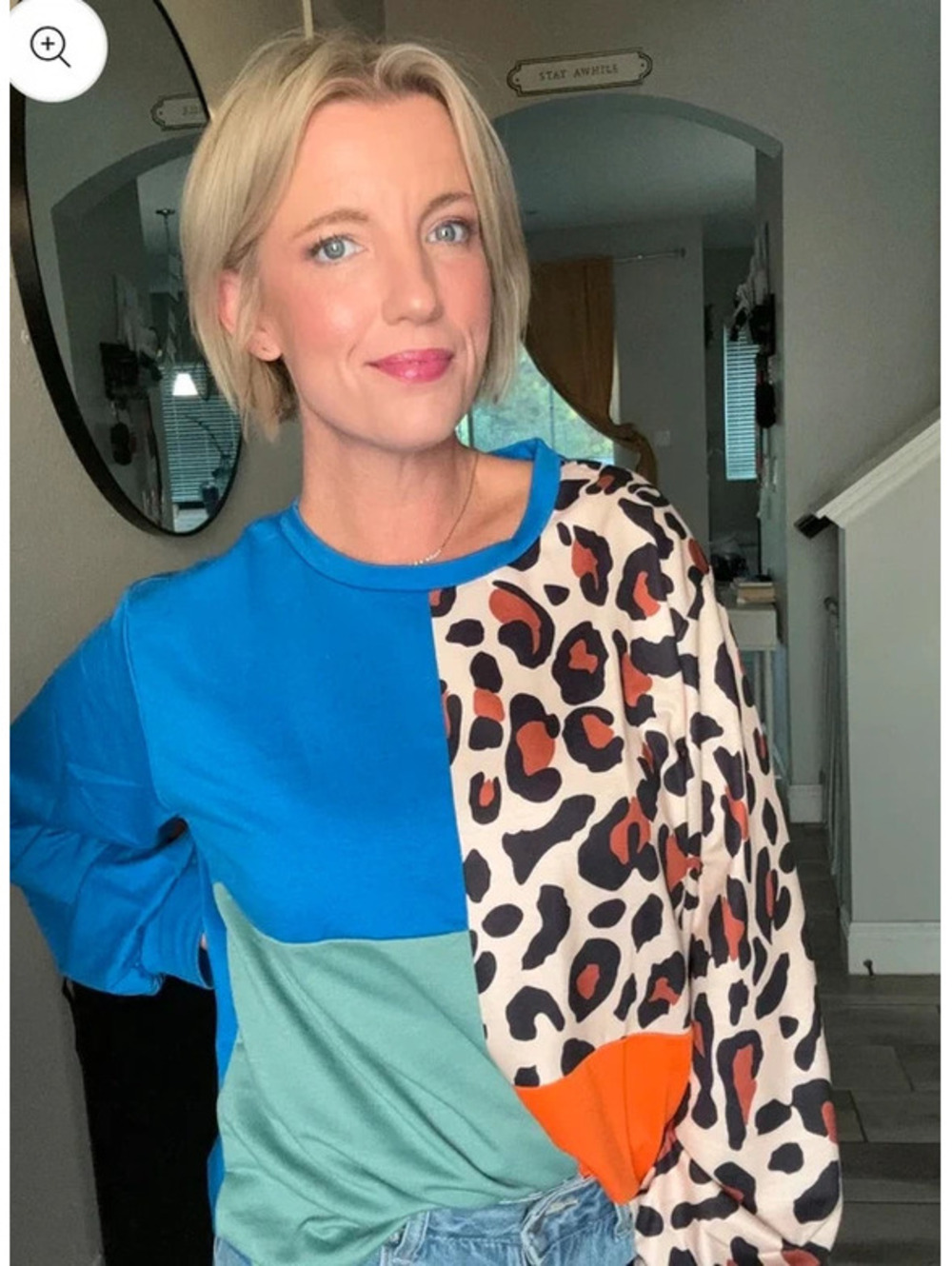 Long Sleeve, color block, leopard print top, size large.